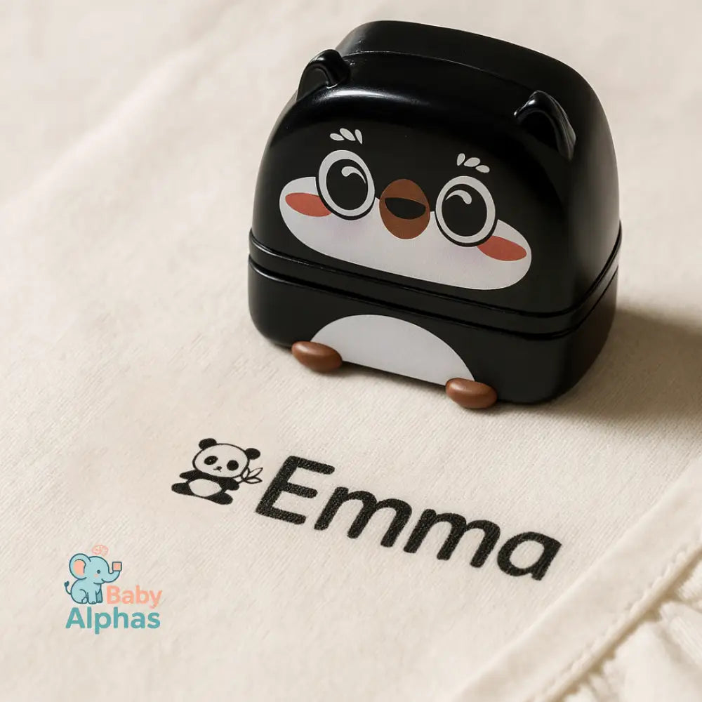NamePrint by Baby Alphas – Gepersonaliseerde Naamstempel | Waterbestendig & Duurzaam Zwart / Aangepaste tekst / panda
